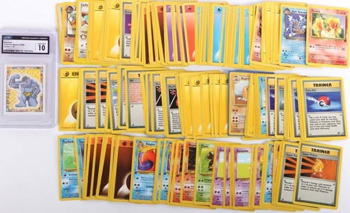1998-2000 ORIGINAL POKEMON MULTI SET CARDS (~150): 1998-2000 Original Pokemon multi-set cards. Lot includes trainer and energy cards, with approximately 150 cards. Lot includes one CGC graded 10 Machoke Pokemon Merlin 1998 series 1-67, some cards have