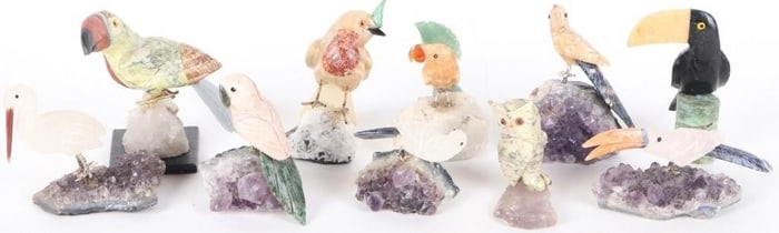 CARVED GEODE & MINERAL BIRD FIGURES - LOT OF 10