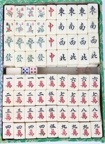 CHINESE MAHJONG GAME SET W/ EMBROIDERED SILK CASE