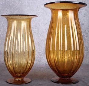 VINTAGE AMBER MURANO GLASS LARGE VASE PAIR