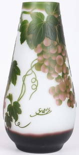 VINTAGE GALLE-STYLE REPRO CAMEO GLASS GRAPE VASE: Vintage Galle-style reproduction cameo glass grape white vase. Beautiful piece in the style of Emile Galle, this vase was handcrafted.Size: 10.5" TallCondition: Very fine.