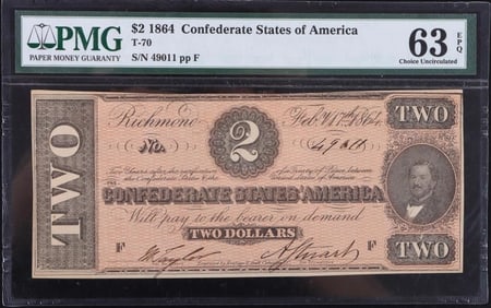 1864 T-70 $2 CONFEDERATE OBSOLETE BANKNOTE PMG 63