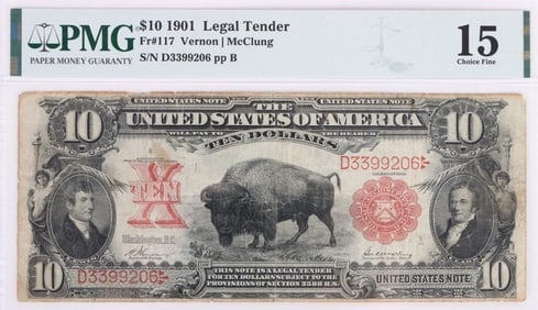 1901 $10 FR#117 'BISON' VERNON/MCCLURE PMG 15