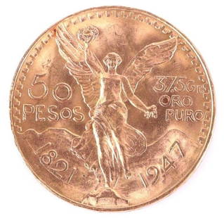 1947 MEXICAN CENTENARO 37.5G ORO PURO 50 PESOS: 1821-1947 Mexican Centenaro 37.5G Oro Puro 50 pesos coin. Purity of the coin is 90% gold, however, in pure gold weight, the coin contains ~37.5 Grams. This coin also features a pretty engraving on the