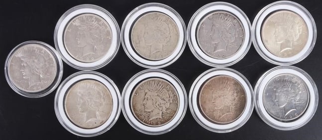 NINE ASSORTED 90% LIBERTY PEACE SILVER DOLLARS