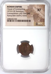 ROMAN EMPIRE AE3/4 BI NUMMUS 330-340AD ROMA NGC XF