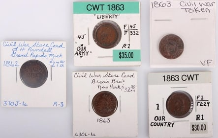 ASSORTED 1862-1863 U.S. CIVIL WAR TOKENS - (5)