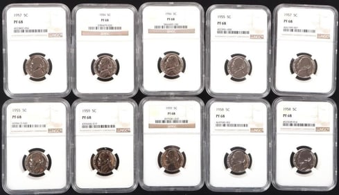 1955-1959-P JEFFERSON NICKELS NGC PF-68 - (10)