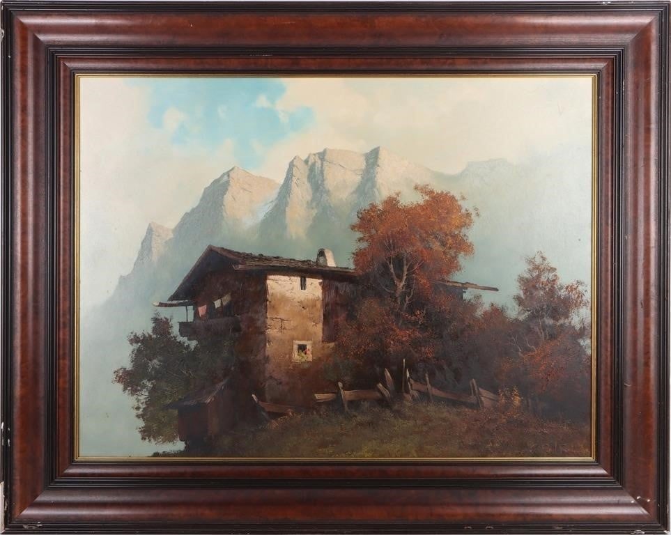 ORIGINAL SIGNED COTTAGE VICTORIAN OIL PAINTING: Original signed cottage Victorian oil painting depicting a mountain-scape and trees. Signature is signed "Paul S."Size: 31 X 39"Condition: Very fine, frame has some damage.
