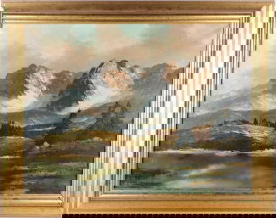 LANDSCAPE OF THE SNOWY ALPS OIL ON CANVAS FRAMED: Landscape of the Snowy Alps oil on canvas framed to depict view of two snowy mountain peaks amidst a coniferous lakefront. The artist of this beautiful piece is unknown, but their signature is located