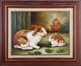 FRAMED OIL ON CANVAS RABBIT THEMED PAINTING
