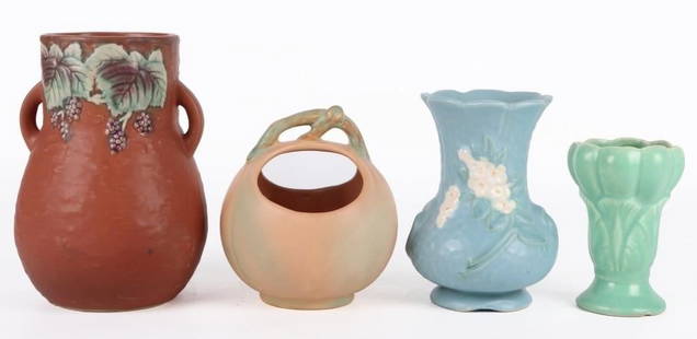 VINTAGE COLLECTIBLE POTTERY VASES - LOT OF 4: Vintage collectible pottery vases to include one ceramic Rumrill Crocus vase, one Roseville reproduction blackberry vase, one Weller pottery wild rose basket and one Weller pottery sea foam green whit