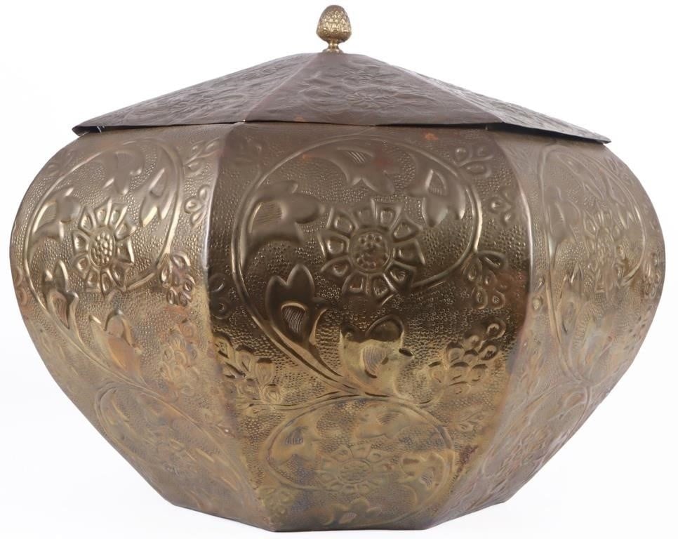 VINTAGE BRASS CONTAINER WITH LID: Vintage Brass Container with Lid. To feature detailed immersive floral designs on all 8 sides. Size: 20 X 20 X 16" Condition: Very fine. See images.