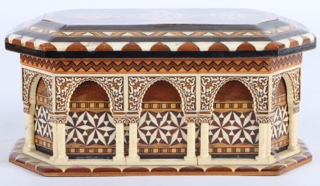 SPANISH INLAID MOASAIC WOODEN MARQUETRY BOX: Spanish inlaid mosaic wooden marquetry box with carved bone details.Size: 8.5" LengthCondition: Very fine.