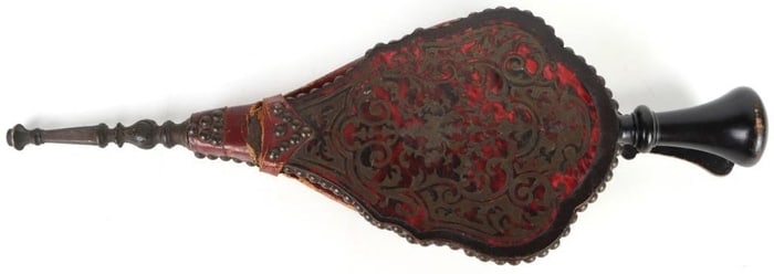 ANTIQUE FRENCH RED WOODEN LEATHER BELLOW