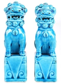 VINTAGE CHINESE TURQUOISE PORCELAIN FOO DOGS (2)