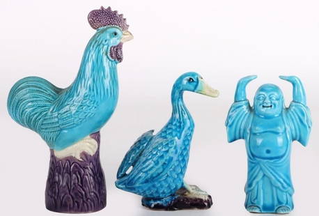 VINTAGE CHINESE TURQUOISE PORCELAIN FIGURINES (3): Vintage Chinese turquoise porcelain figurines lot of 3. This lot contains one laughing Buddha figurine, one rooster figurine and one duck figurine.Size: 4", 4.25" & 6"Condition: Very fine