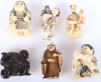 CHINESE CARVED BONE NETSUKE FIGURES - LOT OF 6