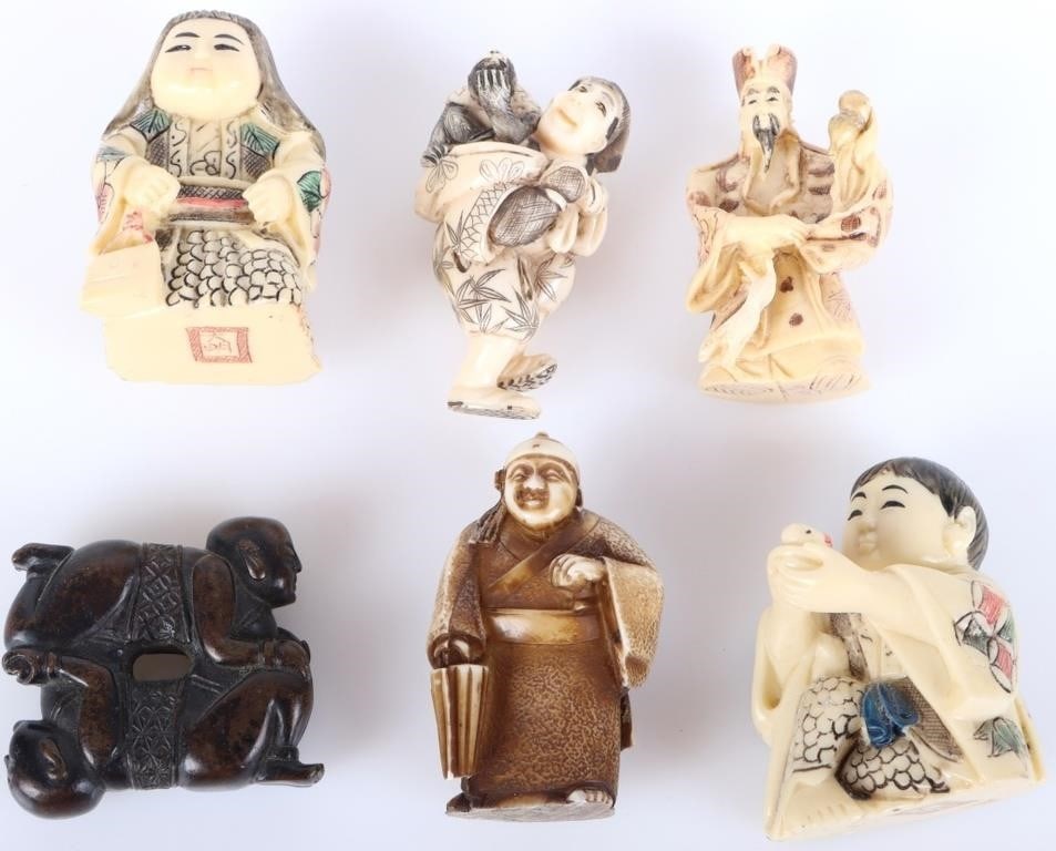 CHINESE CARVED BONE NETSUKE FIGURES - LOT OF 6: Chinese carved bone netsuke figures to include five carved bone figures with painted figures and one brass figure.Size: 2.25" LargestCondition: Very fine.