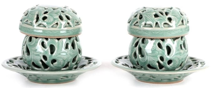 KOREAN PORCELAIN CELADON INCENSE BURNER PAIR