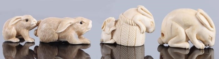 ANTIQUE JAPANESE SAGEMONO NETSUKE RABBITS SIGNED