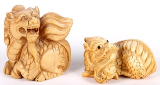ANTIQUE JAPANESE SAGEMONO NETSUKE DRAGONS SIGNED