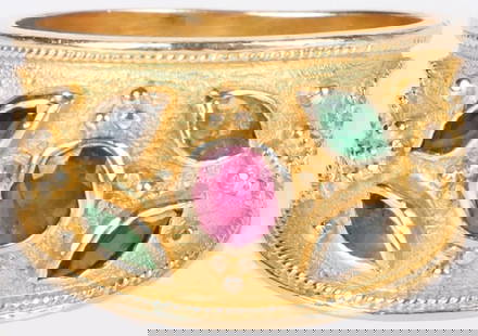 RUBY, SAPPHIRE & EMERALD 14K YELLOW GOLD RING: 14k yellow gold ladies ring with one 0.20ct oval red ruby, two 0.03ct marquise sapphires and two 0.03ct marquise emeralds.Stone Type: AssortedWeight: 6.17 gramsSize: US 7.5Condition: very fine.