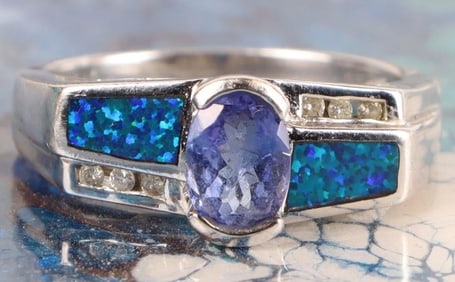 14K WHITE GOLD TANZANITE OPAL DIAMOND LADIES RING