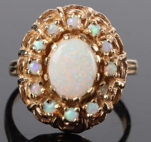14K YELLOW GOLD OPAL ORNATE LADIES RING