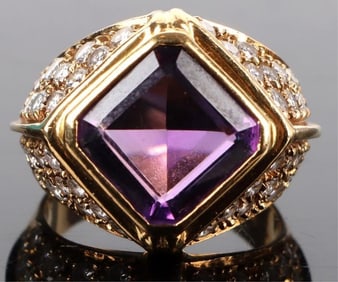 DIAMOND & AMETHYST 18K YELLOW GOLD RING