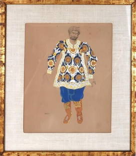 LEON BAKST EMBROIDERED SHI FOR SADKO GOUACHE: Leon Bakst (Belarusian, 1866-1924) Ballet Russe Costume design for "Sadko" 1917 depicting a yellow floral embroidered shi watercolor, pencil and gouache on paper framed. L?©on (Lev) Samoylovich Bakst
