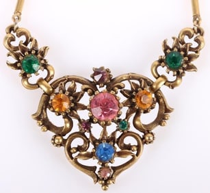 VINTAGE GOLD-TONE MULTI RHINESTONE HEART NECKLACE