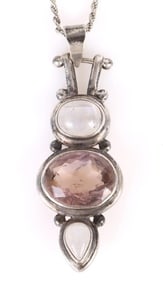 STERLING SILVER MOONSTONE & PINK QUARTZ NECKLACE