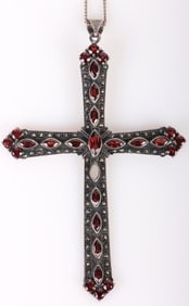 ANTIQUE GARNET STERLING SILVER CROSS NECKLACE