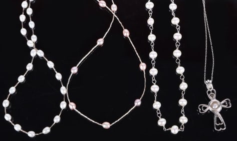 PEARL STERLING SILVER LADIES NECKLACES - (4)