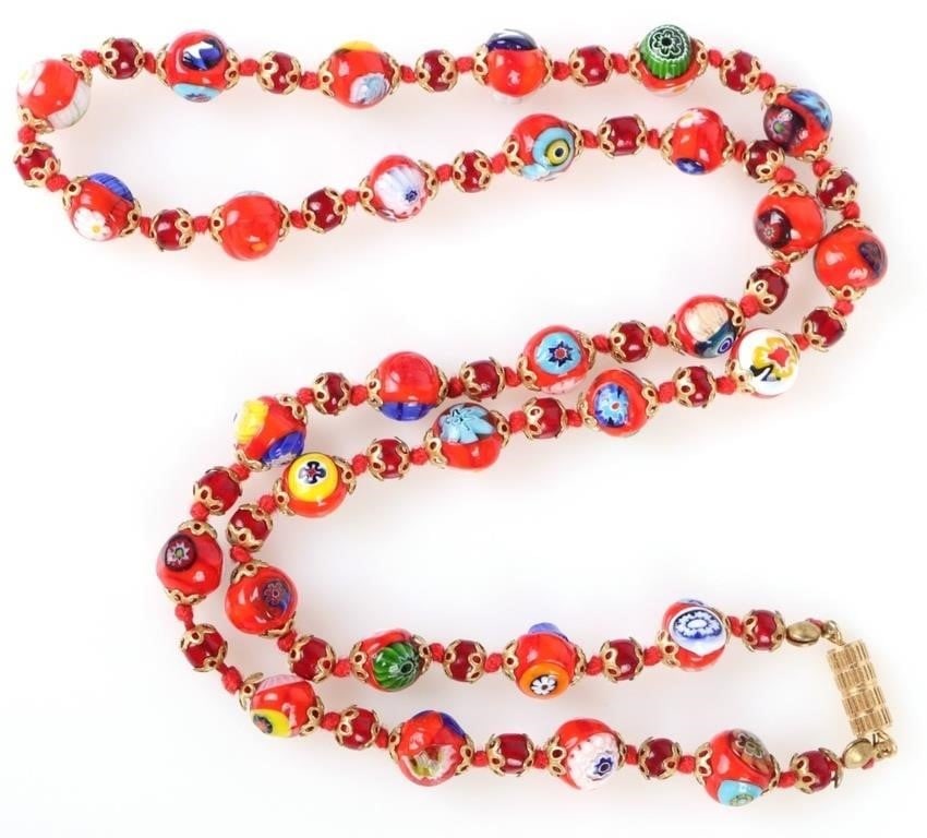 MILLEFIORE MURANO GLASS BEADED LADIES NECKLACE: Millefiore Milano Murano glass beaded ladies necklace.Size: 22" LengthCondition: Very fine.