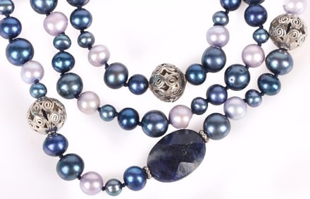 BLUE PEARL & SODALITE STERLING SILVER NECKLACE