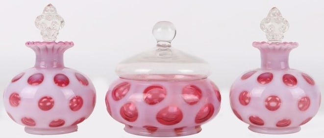 FENTON CRAN OPAL COIN DOT #1405 VANITY SET