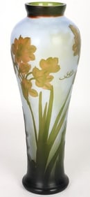 GALLE CAMEO YELLOW & GREEN JONQUIL LOTUS REPO VASE