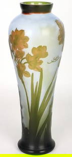 GALLE CAMEO YELLOW & GREEN JONQUIL LOTUS REPO VASE: Emile Galle (French, 1846-1904) Cameo Yellow & Green Jonquils Lotus Reproduction Vase. ?‰mile Gall?© was a French artist and designer who worked in glass, and is considered to be one of the major i