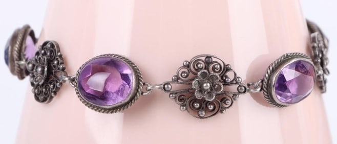 ANTIQUE AMETHYST & STERLING FILIGREE BRACELET