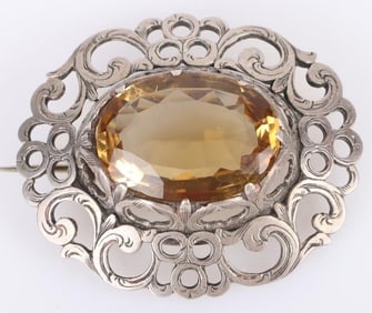 22.0CT YELLOW CITRINE STERLING SILVER BROOCH