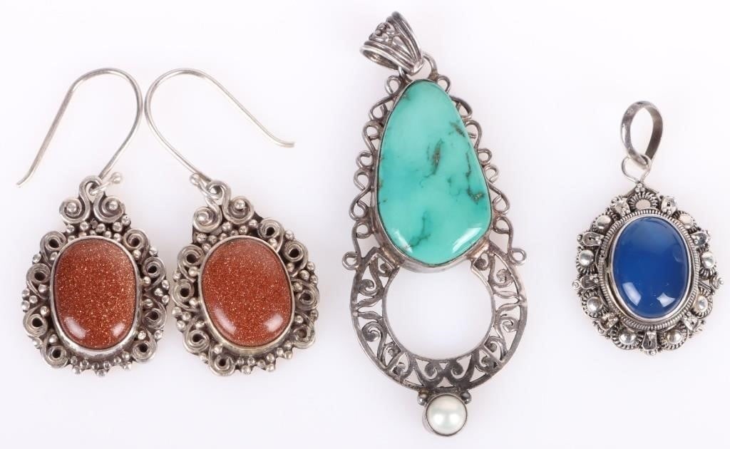 STERLING SILVER GEMSTONE LADIES JEWELRY: Sterling silver gemstone ladies jewelry to include sunstone, turquoise, and blue glass.Stone Type: AssortedWeight: 33.92 GramsSize: 2.5" LengthCondition: Very fine.