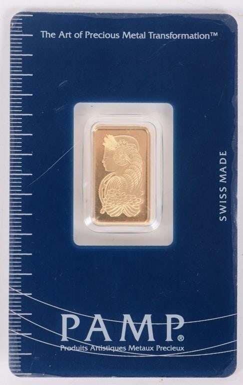 FINE GOLD 5 GRAM PAMP SUISSE BULLION: Fine gold 5 Gram Pamp Suisse bullion.Weight: 5.00 GramsCondition: Mint State uncirculated.