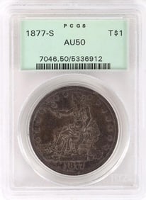 1877 S 90% SILVER TRADE DOLLAR PCGS AU-50