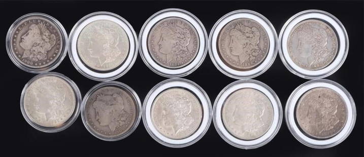 TEN ASSORTED 90% MORGAN SILVER DOLLARS: Ten assorted 90% Morgan Silver Dollars. Condition for each coin ranges from G to MS.Weight: 267.30 GramsCondition: Ranges from Good to Mint State uncirculated.