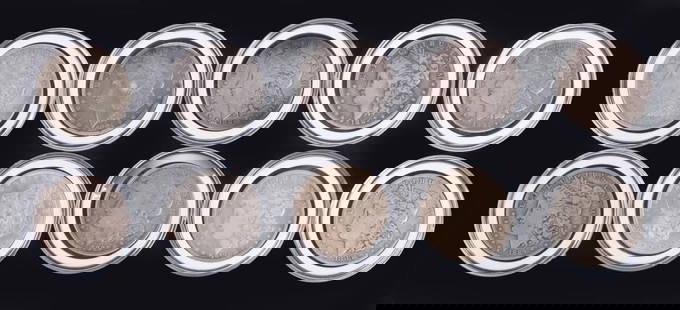 TEN ASSORTED 90% MORGAN SILVER DOLLARS: Ten assorted 90% Morgan Silver Dollars. Condition for each coin ranges from G to MS.Weight: 267.30 GramsCondition: Ranges from Good to Mint State uncirculated.