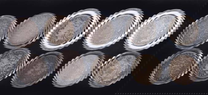 TEN ASSORTED 90% MORGAN SILVER DOLLARS: Ten assorted 90% Morgan Silver Dollars. Condition for each coin ranges from G to MS.Weight: 267.30 GramsCondition: Ranges from Good to Mint State uncirculated.