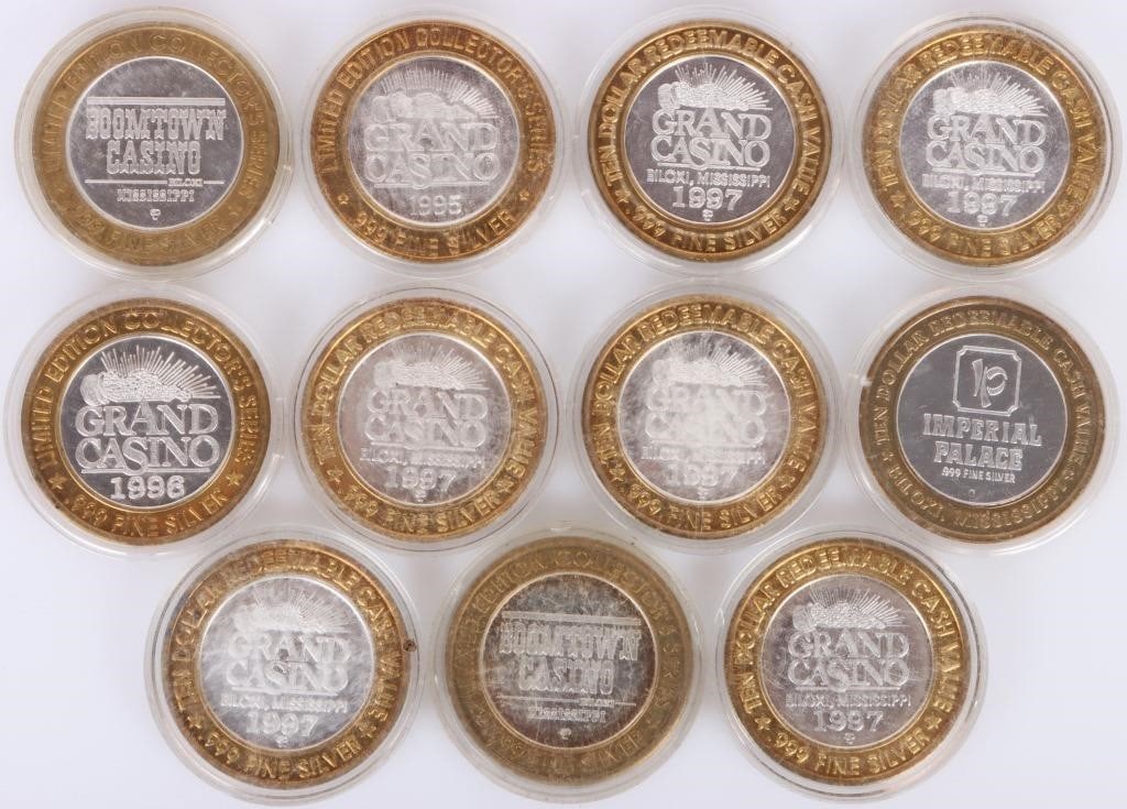 FINE SILVER ASSORTED $10 CASINO TOKENS - (11) (1 of 4)