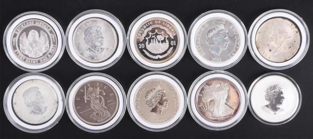 TEN ASSORTED FINE SILVER 1 OZ BULLION COINAGE